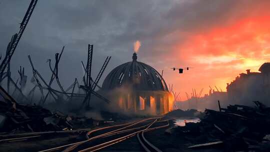 废墟场景日落时分画面