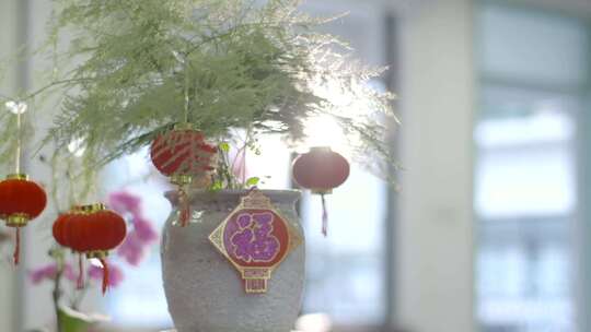 办公室喜庆唯美盆栽小灯笼福字过年春节素材