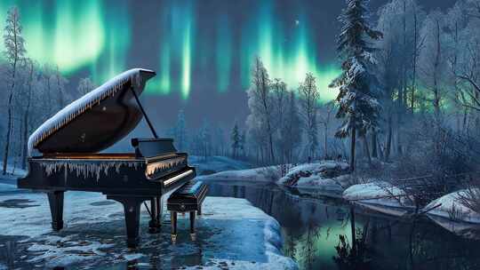 北极光下的钢琴 唯美音乐演奏 超现实片头
