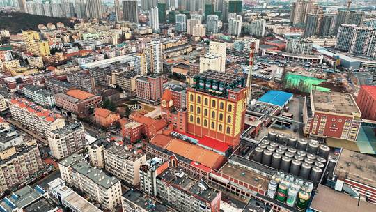 山东青岛啤酒博物馆航拍城市风景