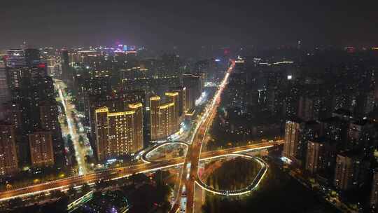 航拍陕西西安高新区交通夜景