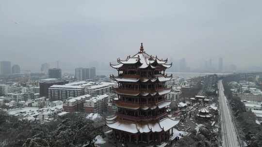 武汉武昌区黄鹤楼雪景航拍