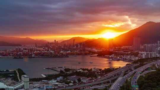 深圳盐田港日转夜延时视频城市交通与港口