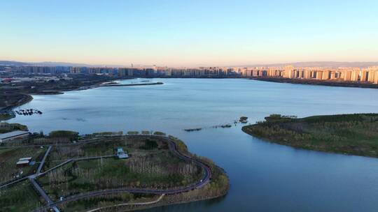 航拍山西太原城市客厅晋阳湖冬天