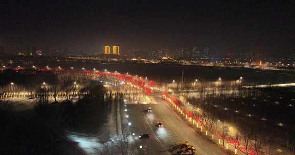 哈尔滨松北区剧院一路夜景航拍