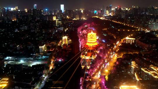 航拍武汉黄鹤楼夜景定向延时