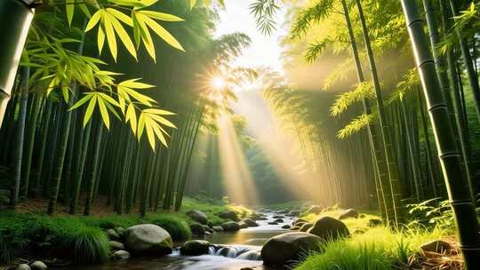 翠竹子竹林竹叶光影丁达尔耶稣光4K