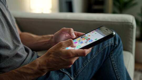 男子沙发上操作智能手机