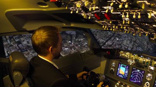 飞行员在城市上空飞行的驾驶舱视图