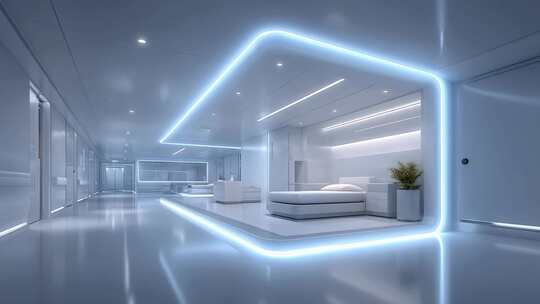 未来医院走廊展示先进医疗科技感