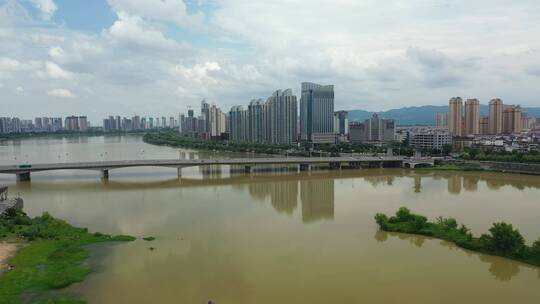 陕西汉中市汉江城市天际线风光航拍