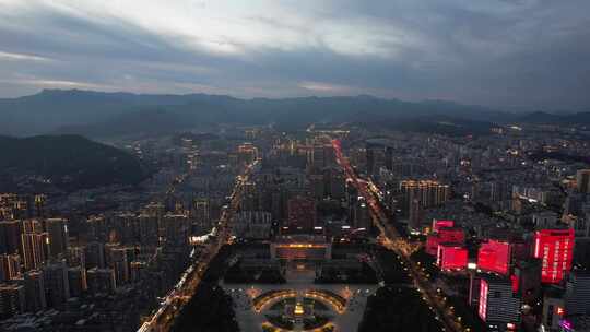 福建龙岩城市夜幕降临晚霞夜景灯光航拍