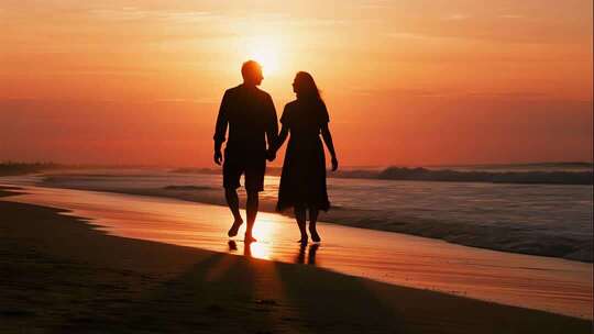 七夕节情侣沙滩浪漫日落剪影视频
