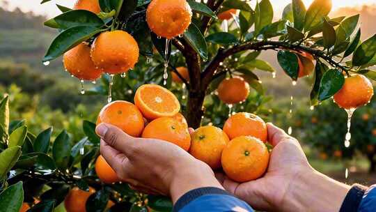 双手捧新鲜橘子果园画面