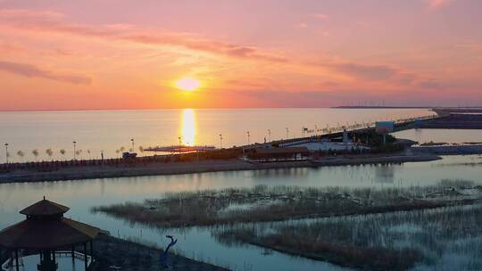 查干湖湖面落日夕阳余晖