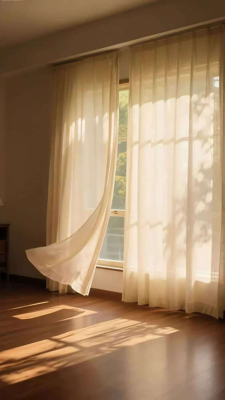 室内飘动的窗帘与阳光
