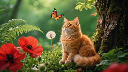 春天小猫蝴蝶虞美人花丛可爱动物萌宠