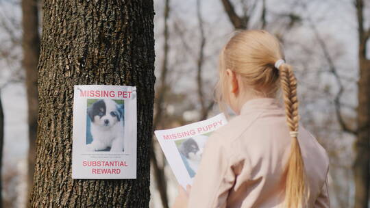 孩子拿着失踪的狗宠物海报