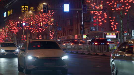 城市街道车流红灯笼喜庆氛围视频素材模板下载