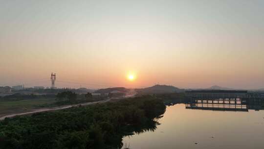 惠东县西枝江航拍青龙潭塔日落风景黄昏夕阳