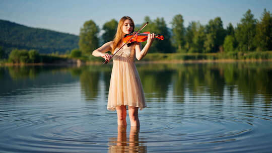 女子湖畔拉小提琴