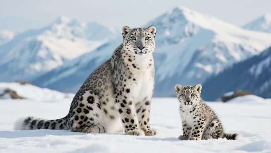 雪豹母子于雪山雪地中
