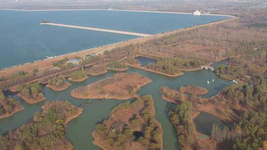 航拍济南平原田野湿地自然风光