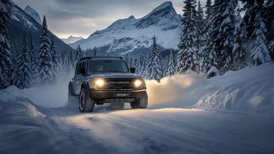 雪地中越野车行驶画面