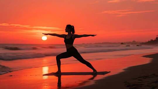 迎接新年海边瑜伽剪影健康生活视频