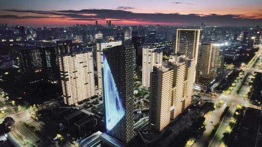 新建高层住宅小区夜晚亮灯验收夜景航拍