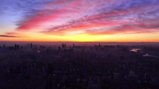 航拍辽宁沈阳城市风光日出空镜头