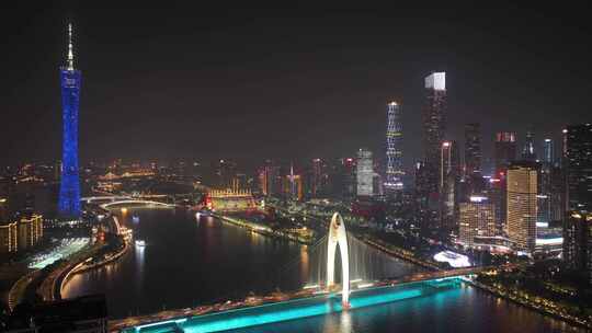 广州市珠江夜景延时航拍广东塔猎德大桥风光