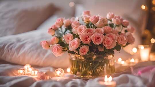 温馨浪漫的卧室床上摆放着一束玫瑰花视频素材模板下载