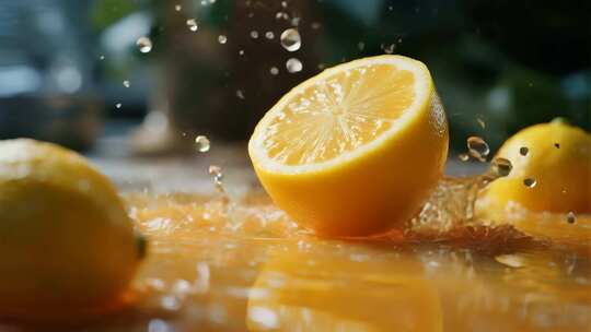 柠檬入水溅起水花瞬间