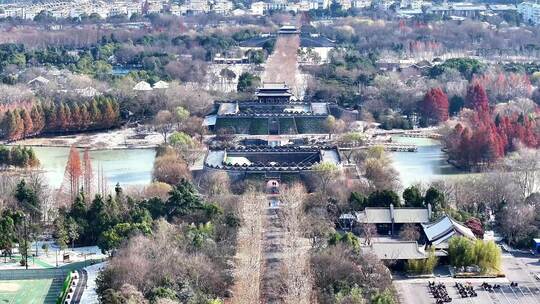 航拍瘦西湖景区园林雪景观音山大明寺宋夹城