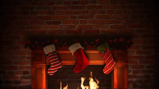 4K动画特写壁炉炉火和圣诞袜子节日意境