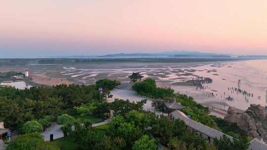 航拍北戴河鸽子窝湿地公园海上日出视频素材模板下载