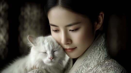 唐朝女子怀抱白猫温柔恬静的生活画卷