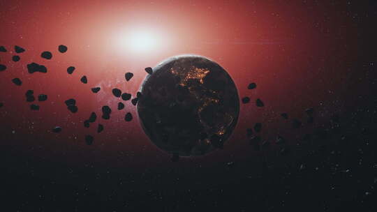 3d动画太空岩石对抗旋转的行星地球