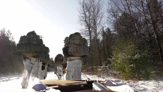 美国陆军拉着雪橇在雪地里行走