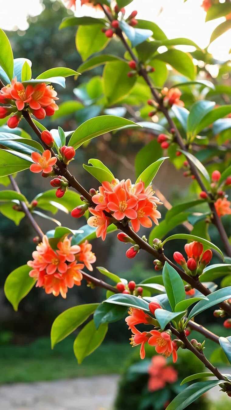 枝头绽放的橙红色花朵