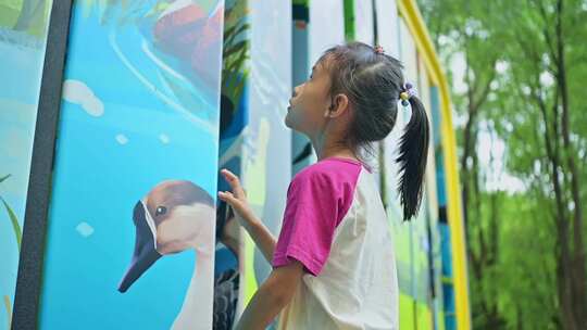 小女孩在户外看卡通画面