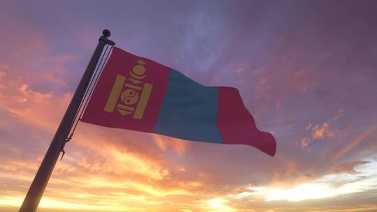 旗杆上的蒙古国旗在风中飘扬