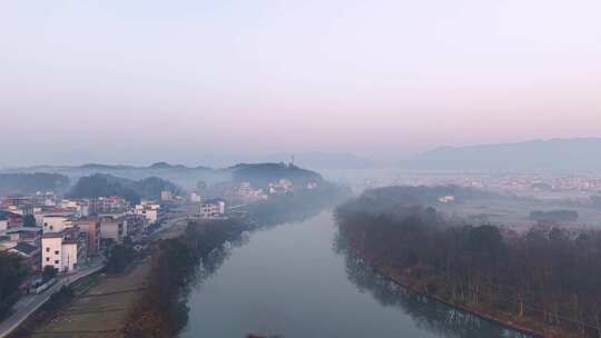 航拍湖南邵阳洞口县竹市镇乡村早晨风光