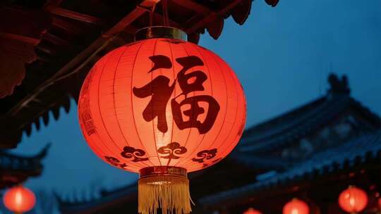 中式建筑下的福字红灯笼