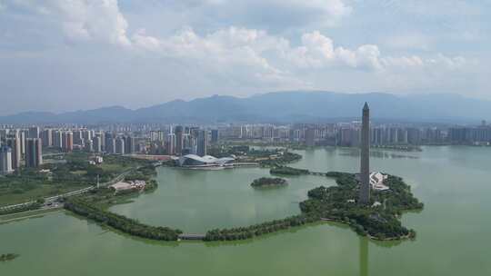 带高塔的水边城市景观九江胜利碑九江博物馆