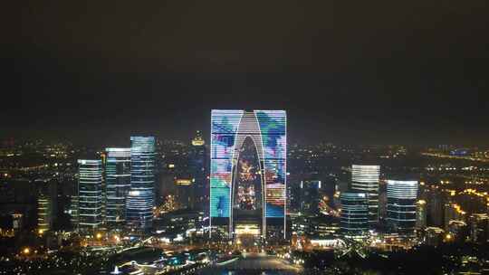 江苏苏州工业园区国金中心苏州之门夜景灯光视频素材模板下载