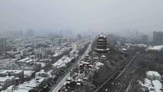 武汉武昌区黄鹤楼雪景航拍