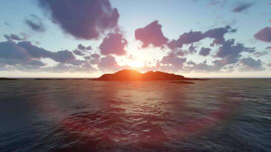夕阳落在海岛的群山后面