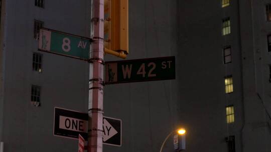 纽约街道的指路标和闪烁的路灯视频素材模板下载